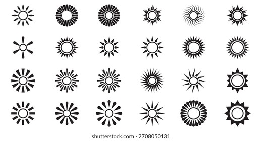 Sonne scheint oder Sonnenstrahl-Symbol. Symbole für Sonne über Meer oder Ozean, minimalistisches Sonnenlogo oder Sonnenaufgangssymbole oder Sonnenuntergangssymbole