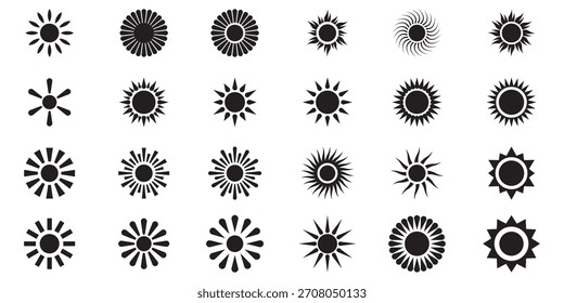 Sonne scheint oder Sonnenstrahl-Symbol. Symbole für Sonne über Meer oder Ozean, minimalistisches Sonnenlogo oder Sonnenaufgangssymbole oder Sonnenuntergangssymbole