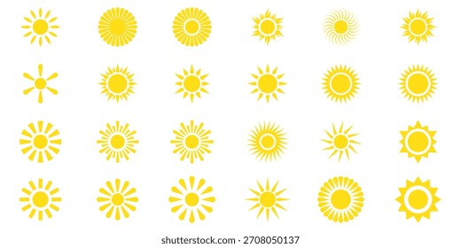 Sonne scheint oder Sonnenstrahl-Symbol. Symbole für Sonne über Meer oder Ozean, minimalistisches Sonnenlogo oder Sonnenaufgangssymbole oder Sonnenuntergangssymbole