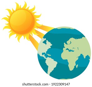 Sun shines rays on planet and heats it. Global warming and environmental problems. Temperature of Earth is rising due to greenhouse effect and human activity. World globe vector illustration