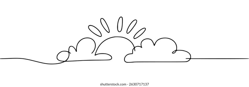 Sun shining behind clouds continuous line art illustration