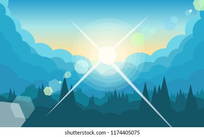 The sun is shining behind the clouds. Landscape with trees in a minimalist style