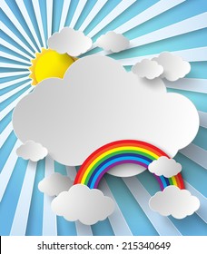 Sun shining Between the clouds and the rainbow. paper art style.