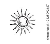 Sun shining bright in black brush stroke texture isolated on white. Hand drawn vector sketch illustration in vintage charcoal ink. Bright summer sunny weather, print design, resort symbol, spf