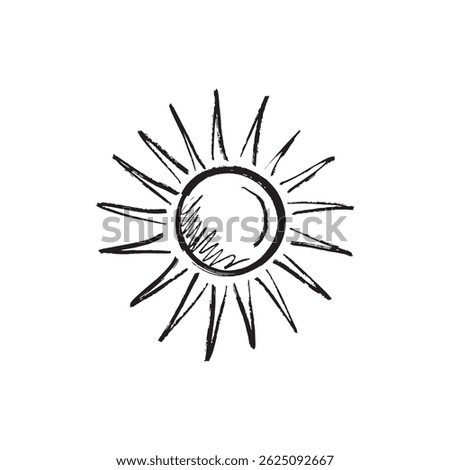 Sun shining bright in black brush stroke texture isolated on white. Hand drawn vector sketch illustration in vintage charcoal ink. Bright summer sunny weather, print design, resort symbol, spf