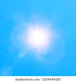 Sun is shining brightly in the blue sky. There's a lens flare in the clear summer sky, with sunlight and sunshine glare rays. It's a vector nature sunny spring landscape, with a bright sparkle burst.