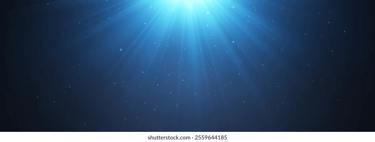 Sun is shining brightly in the blue sky. There's a lens flare in the clear summer sky, with sunlight and sunshine glare rays. It's a vector nature sunny spring landscape, with a bright sparkle burst.