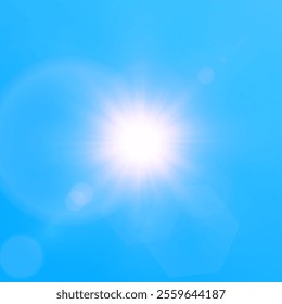 Sun is shining brightly in the blue sky. There's a lens flare in the clear summer sky, with sunlight and sunshine glare rays. It's a vector nature sunny spring landscape, with a bright sparkle burst.