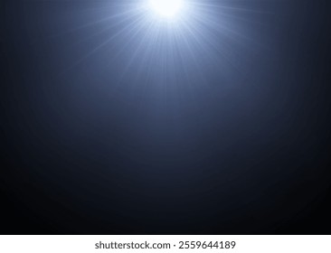 Sun is shining brightly in the blue sky. There's a lens flare in the clear summer sky, with sunlight and sunshine glare rays. It's a vector nature sunny spring landscape, with a bright sparkle burst.