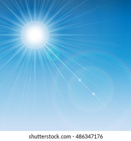 Sun is shining brightly with a flare on a blue sky background. Vector illustration