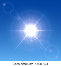 Sun shining in a clear blue sky, illustration.