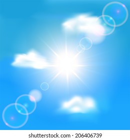 Sun shining in clear sky with clouds, illustration.