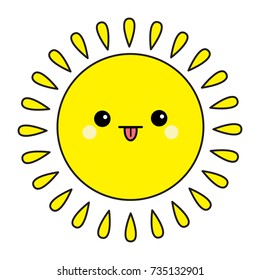 Sun shining contour icon set. Kawaii face showing tongue. Funny emotion. Cute cartoon funny character. Hello summer. White background. Isolated. Baby collection. Flat design Vector illustration