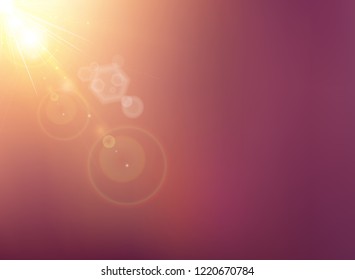 Sun shining with flare on blurred dark purple nature background with sunlight. Vector illustration