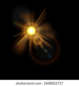 Sun with a shining halo and numerous rays on a black background. Lens flare effect, with concentric rings, adding a sense of depth and realism. EPS10 vector illustration.