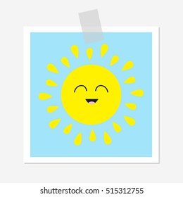 Sun shining icon. Cute cartoon character. Kawaii face smiling emotion. Greeting card. Adhesive transparency tape Hello summer. White background. Baby collection. Flat design Vector