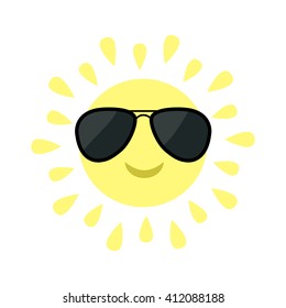 Sun shining icon. Sun face with black pilot sunglassess. Cute cartoon funny smiling character.  White background. Isolated. Flat design Vector illustration