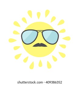 Sun shining icon. Sun face with sunglassess and mustaches. Cute cartoon funny smiling character moustaches.  White background. Isolated. Flat design Vector illustration