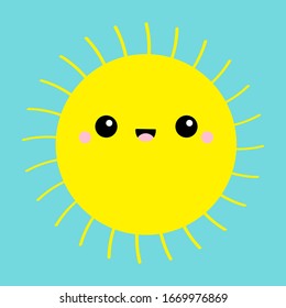 Sun shining icon. Kawaii face. Cute cartoon funny smiling character. Hello summer. Sunshine. Yellow color. Baby collection. Flat design. Blue sky background. Isolated. Vector illustration