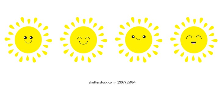 Sun shining icon set line. Kawaii face with different emotions. Cute cartoon funny smiling character. Hello summer. White background. Isolated. Baby collection. Flat design Vector illustration
