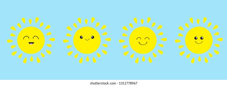 Sun shining icon set line. Kawaii face with different emotions. Cute cartoon funny smiling character. Hello summer. Baby collection. Flat design. Blue background. Isolated. Vector illustration