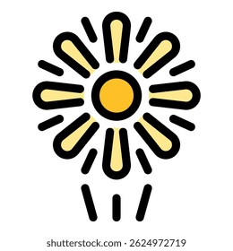 Sun shining with light rays beams floral daisy shape, representing solar energy, summer heat, and nature's beauty