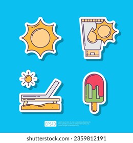 Sun Shining Light Rays to Heat, Sunblock Sunscreen Lotion, Beach Chair, Summer Holiday Melt Ice Cream Popsicle. Summer Vacation Sticker Icon Vector Illustration set