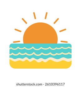 A sun is shining on the ocean, with the water and sky in the background. Concept of warmth and relaxation, as if one is at the beach on a sunny day