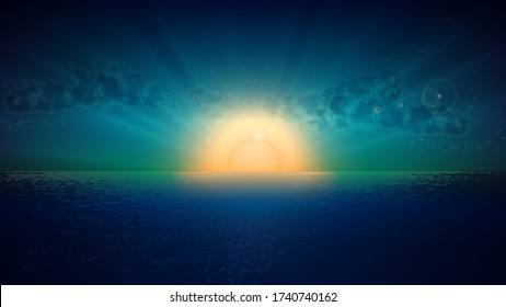 Sun shining on the sea with cloudy blue sky lanscape background