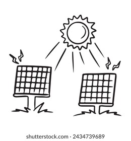 Sun is shining on solar battery panels chargers and generating energy, Concept of ecology friendly electricity generating natural solar resources. Hand drawn vector sketch illustration in doodle style