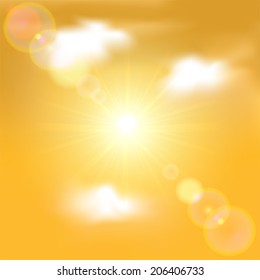 Sun shining in orange sky with clouds, illustration.