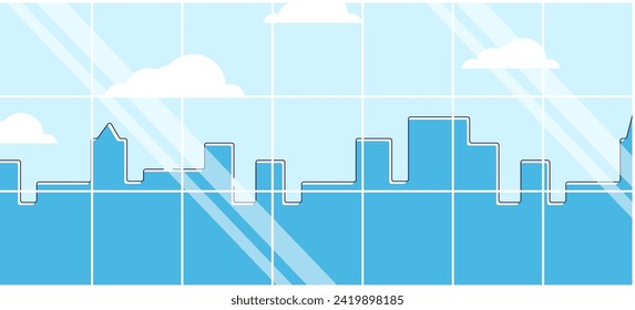 Sun shining over abstract cityscape with skyscrapers. Blue and white mosaic design with clouds. Urban skyline and modern architecture vector illustration.