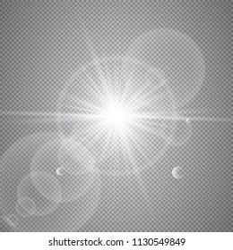 Sun shining with radiating. Lens flare.  Glowing light effect. Vector illustration