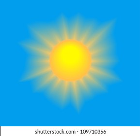 Sun shining with realistic rays on blue sky. Vector illustration