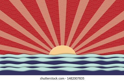 The sun is shining red, reflecting the river in a beautiful retro style. For backgrounds, banners, cards or messages - vector