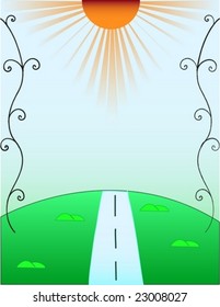 The sun shining road and hills