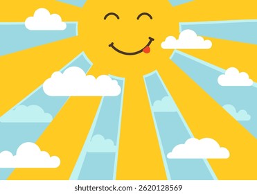 The sun is shining in the sky among the clouds. The smile and joy of the summer sun.