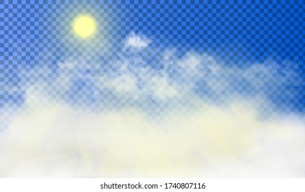 Sun is shining through the white cumulus clouds high above the ground. Beautiful realistic picture on the semi transparent background. Vector illustration.