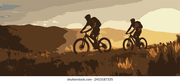 In the sun shining two men's biking on the mountain