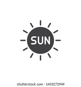 Sun shining vector icon. filled flat sign for mobile concept and web design. Sun text inside sun glyph icon. Summer season symbol, logo illustration. Vector graphics