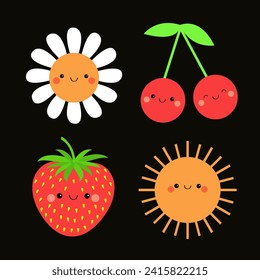 Sun shining, white daisy chamomile, cherry, strawberry set. Smiling face head. Camomile icon. Love card. Cute cartoon kawaii funny character. Growing concept. Flat design. Black background. Vector