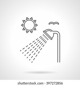 Sun and shower head with drops. Outdoors shower. Hiking and camping services. Vector icon flat thin line style. Element for web design, business, mobile app. 