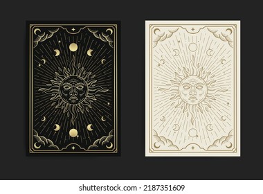 El sol muestra su majestuoso rostro. Ilustración vectorial en grabado, dibujado a mano, lujoso, esotérico, apto para espiritualistas, religiosos, paranormales, lector de tarot, astrólogo o tatuaje