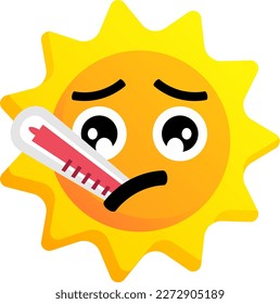 Sol con expresión de enfermedad y termómetro de fiebre. Imágenes prediseñadas de sol caliente con ilustración de alta temperatura. Caricatura de icono solar con expresión facial para diseño gráfico o educación infantil