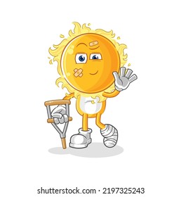 the sun sick with limping stick. cartoon mascot vector