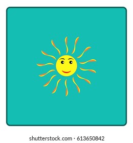 The sun sign in blue square. Orange solar mark. Bright, sunny icon good mood. Isolated logo spring, summer. Symbol hot, warm, sunlight and good weather. Flat vector image. Vector illustration.