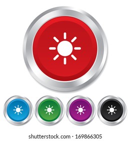 Sun sign icon. Solarium symbol. Heat button. Round metallic buttons. Vector