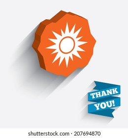 Sun sign icon. Solarium symbol. Heat button. White icon on orange 3D piece of wall. Carved in stone with long flat shadow. Vector