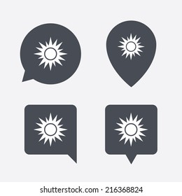 Sun sign icon. Solarium symbol. Heat button. Map pointers information buttons. Speech bubbles with icons. Vector