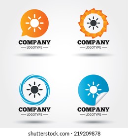 Sun sign icon. Solarium symbol. Heat button. Business abstract circle logos. Icon in speech bubble, wreath. Vector